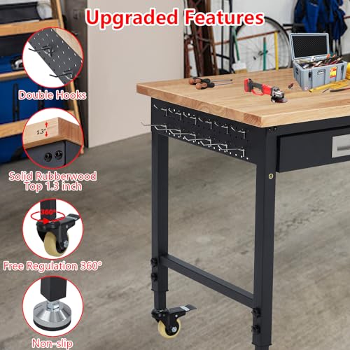Adjustable Height Workbench,60" x 22" Worktable,Heavy Duty Rubberwood Top,2000LB Capacity,Metal Frame, Lockable Wheels, Power Outlets – Garage & Workshop Table – Black FinerFurnis