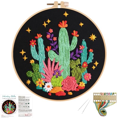 Louise Maelys Cactus Embroidery Kits for Beginners, DIY Cross Stitch Starter Craft Kits for Adults Including Embroidery Cloth with Pattern, Hoop, Needles Instruction and Threads