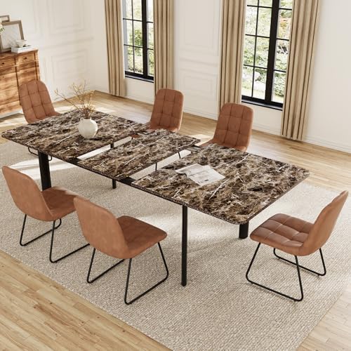 HIPIHOM Extendable Dining Table Set for 6-8 People, 63 to 78.7 Inch MDF Kitchen Table with 6 Upholstered Chairs, Space-Saving for Dining Room, Breakfast Nook (Brown Table & 6 Brown U-Shaped Chairs) HIPIHOM
