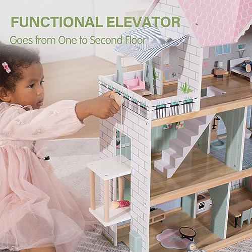 Giant bean Wooden Dollhouse 2.6 feet High with Elevator, Doorbell, Light,15 Pieces Furnitures and 3 Dolls, Toy Gift for Girls Ages 3-7+ Giant bean