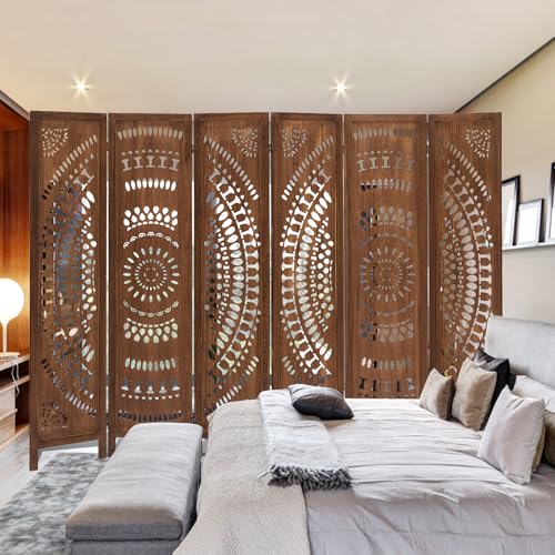 Aletheiawu Room Divider Panel, 6 Panel Boho Room Divider Wall, Wood Room Dividers and Folding Privacy Screens, Boho Room Partitions and Dividers for Bedroom, Dark Brown Aletheiawu