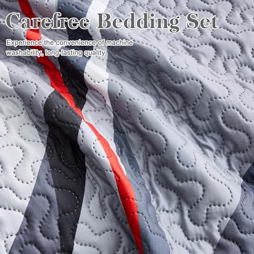 weesire Classic Line Pattern Bedding Quilt Queen Size Modern Grey Red and Black Stripe Quilt with 2 Shams, Gray and Red Comforter Sets Lightweight Breathable Bedspreads Coverlet, 90''x96'' weesire