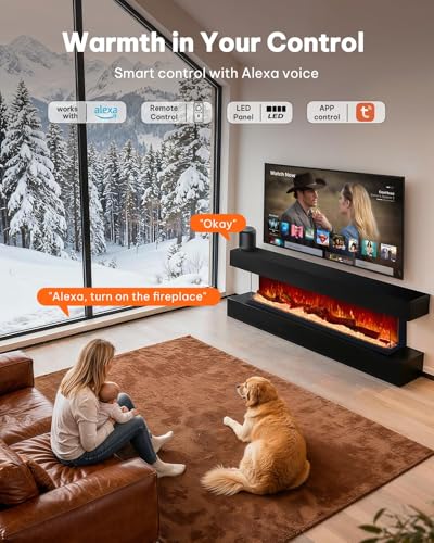 Silonn 3-Sided Smart 50" Electric Fireplace, Alexa & App Control Fireplace with 15 Flame Colors, Electric Fireplace Inserts Logs, 5110 BTU Heat Output, Realistic Flame and Sound Silonn