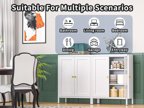 YAUWOH Metal Bathroom Storage Cabinet, Metal Storage Cabinet with 2 Adjustable Shelves & 2 Doors,Freestanding Sideboard Cabinet for Small Spaces, Living Room, Home Office, Dining Room,White YAUWOH