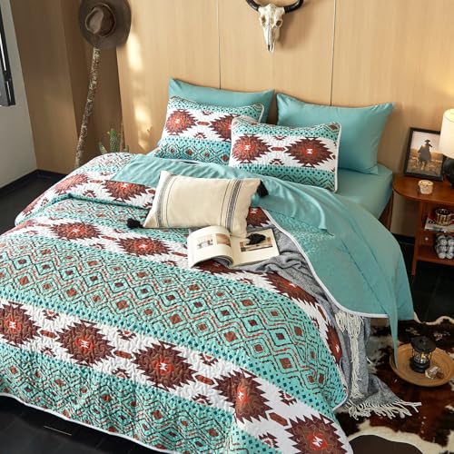 Wake In Cloud - Western Quilt Set, Southwestern Aztec Country Style with Rustic Ranch Vibe, Reversible Lightweight Bedspread Coverlet, 3 Pieces, Turquoise Brown, Queen/Full Size Wake In Cloud