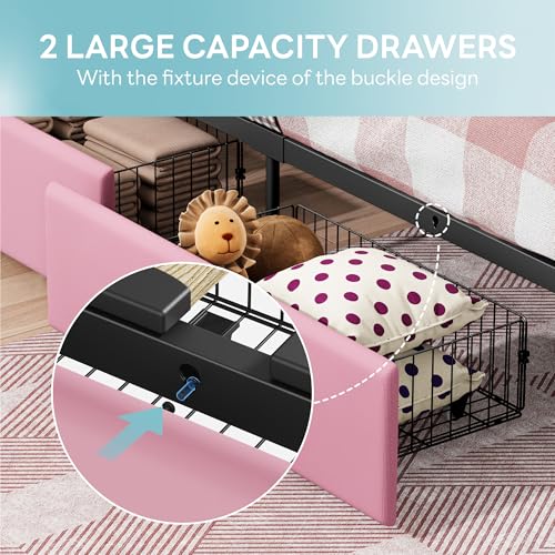 LIKIMIO Twin Bed Frame with 2 Storage Drawers, Charging Station & LED Lights, Upholstered Platform Twin Bed with Storage Headboard, Strong Wooden Slats, No Box Spring Needed, Easy Assembly, Pink LIKIMIO
