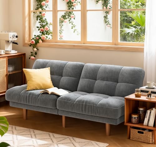 AMADA HOMEFURNISHING 65" Futon Sofa Bed, Convertible Futon Couch with Adjustable Backrest, Ergonomic Recliner Sleeper Sofa with Corduroy Fabric for Living Room, Office, Guest Room (Grey) AMADA HOMEFURNISHING