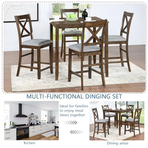 KEIKI 5-Piece Counter Height Dining Table Set with Square Table and 4 Upholstered X-Shaped Backrset Chair, for 4 Person, Modern Style Wooden Table Set, Easy Assembly, for Kitchen, Dining Room, Walnut KEIKI