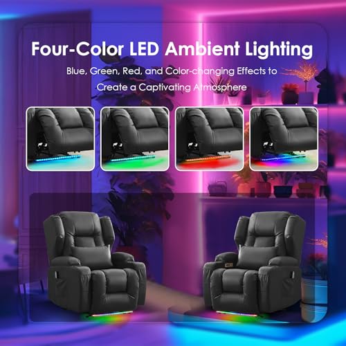 SAMERY Power Recliner Chair with Massage and Heat, Zero Wall Hugger Recliners Sofa Chair for Small Spaces, Theater Seating RV Sofa with LED Surround Lighting/USB/Cup Holders, Faux Leather, Black