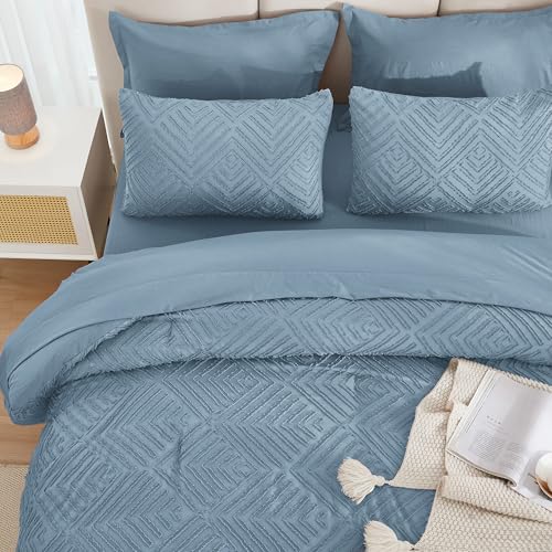 Andency King Size Comforter Set 7 Pieces Grayish Blue - Bed in a Bag King Boho Lightweight Fluffy Tufted Bedding Sets with Comforter, Sheets, Pillowcases & Shams Andency