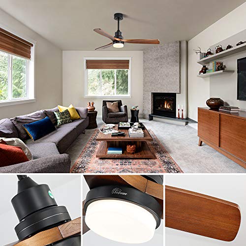 Sofucor 52 Inch Ceiling Fan with Lights Remote Control, Noiseless |Dimmable |6-Speed Outdoor Ceiling Fan with Light, Walnut 3 Blade Wood Ceiling Fan with Timer, Reversible DC Motor for Patio Bedroom Sofucor