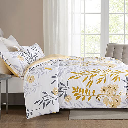 SLEEPBELLA Comforter King Size, 600 Thread Count Cotton Grey Branch with Yellow Flower & Grey Leaves Pattern Orange Reversible Comforter Set,Down Alternative Bedding Set 3Pcs(King, Yellow Botanical) SLEEPBELLA