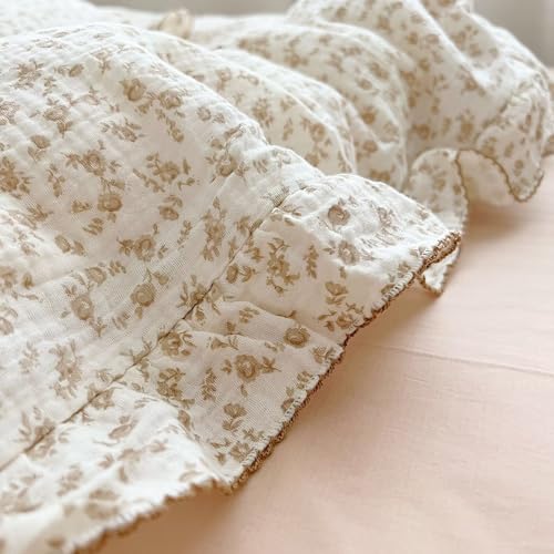 BuLuTu Soft Cotton Muslin Duvet Cover Girls Kids Floral Duvet Cover Beige Crib Bedding Comforter Cover Quilt Cover, 47"x59", Camellia Print (Pillowcases Not Included) BuLuTu