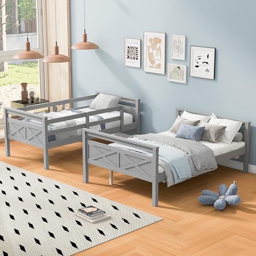 Merax Wood Bunk Bed,Twin Over Full Bunk Beds with Ladder,Safety Guardrail,Can be Separated into 2 Platform Beds,Perfect for Bedroom Kids Adults,Gray Merax