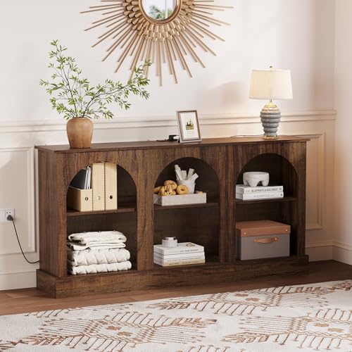 GarveeLife 63" Mid Century Modern TV Stand, Modern Console Table with Charging Station for Entryway Living Room, Modern Entertainment Center 3-Tier Rustic Brown Media Console for TV Up to 65 70 Inch GarveeLife