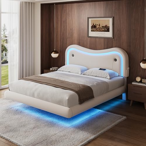 MapleGrace Full Size Floating Bed Frame with LED Lights, Velvet Upholstered Bed Frame with Headboard, Rounded Corners, Charging Station, No Box Spring Needed, Easy Assembly, White MapleGrace