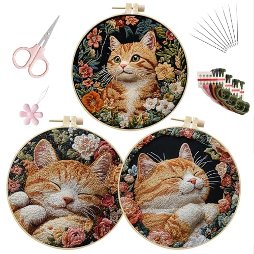LB Orange Cat Embroidery Kit for Beginners Adults, 3 Sets Hand Embroidery Starter Kit with Floral Pattern and Instructions Stamped Cross Stitch Kits Include Embroidery Hoop Needles Threads Scissors