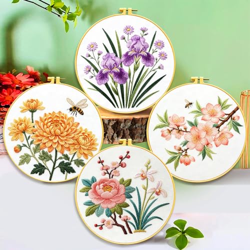 Zhenqing 4 Pack Floral Embroidery Kit, Iris Chrysanthemum Peach Blossom Peony Set with Bees, Beginner Craft Set with 20cm Hoop, Printed Designs on 29x29cm Cotton Fabric, DIY Nature Wall Art (JC0208)