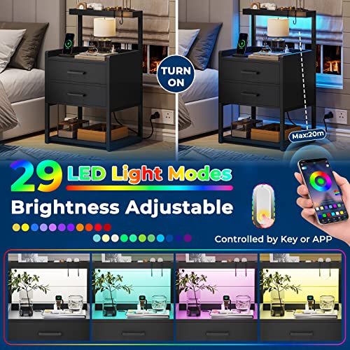 AOGLLATI LED Nightstand Set of 2 with Charging Station, 2 Drawers Night Stand with LED Lights for Bedroom, 2 USB Ports, 2 Power Outlets, Bed Side Table with Storage Shelves AOGLLATI