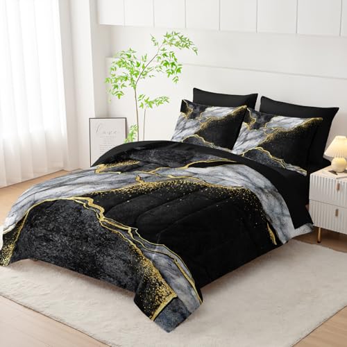 Nttopship 7 Pieces Black Gold Gray Marble Comforter Set Queen Size,Marble Minimalist Wind Design Bedding Quilt Set 7PCS Bed in A Bag,Bed Sheet Set All Season Lightweight Soft Microfiber Nttopship