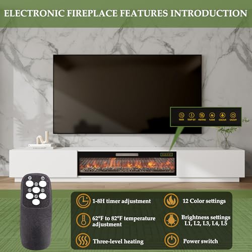 WOODTIME 109.4"W Fireplace TV Stand for TVs up to 85 Inches, 1500W/750W Electric Fireplace with 12-Color Flame, 2-Level Heat, Extra Long Entertainment Center with Large Drawers, for Living Room, White WOODTIME