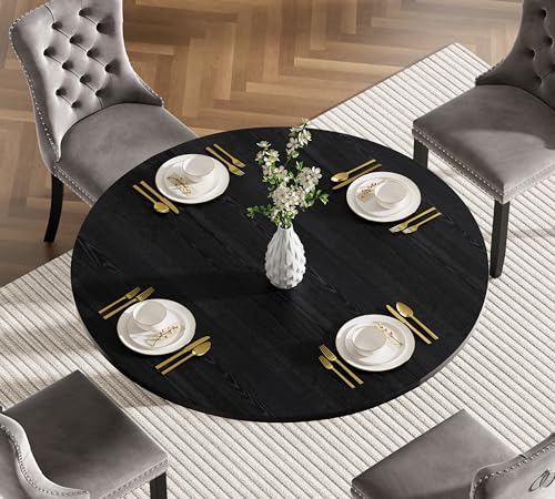 Henf 5 Piece Round Extendable Dining Table Set for 4, 43"-59" Wood Oval Expanding Kitchen Table with 4 Chairs, Space Saving Extendable Dining Room Tables with Pedestal Base (Black & Gray) Henf