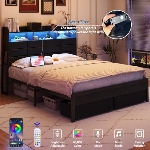 Etditrnp King Bed Frame with Storage Headboard, Upholstered Black Bed Frame with 4 Drawers, LED Lights, and Charging Station, Heavy-Duty Metal Slats Support, Noise-Free Etditrnp