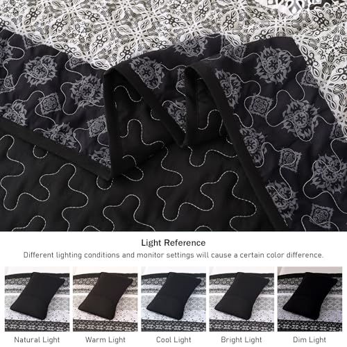 WONGS BEDDING Boho Quilt Set King, Bohemian Black Striped Patchwork Bedspread Coverlet Set with 2 Pillowcases,Lightweight Microfiber Floral Bedding Set 104"×90" WONGS BEDDING