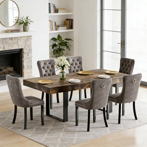 Goujxcy 7-Piece Extendable Dining Table Set for 6, 63-78 Inch Rustic Brown Kitchen Table Set with 6 Grey Tufted Chairs Farmhouse Wood Expandable Dining Room Table Set 6 for Kitchen Dining Goujxcy
