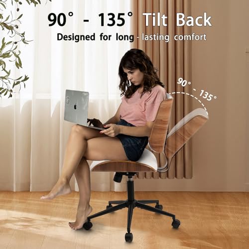 CLATINA Armless Home Office Chair, Desk Chair with Wheels, Adjustable Height Reading Chair, Leather Mid Back & Swivel Computer Chair, Modern Walnut Chairs with Back for Studio Meeting Room(White) CLATINA