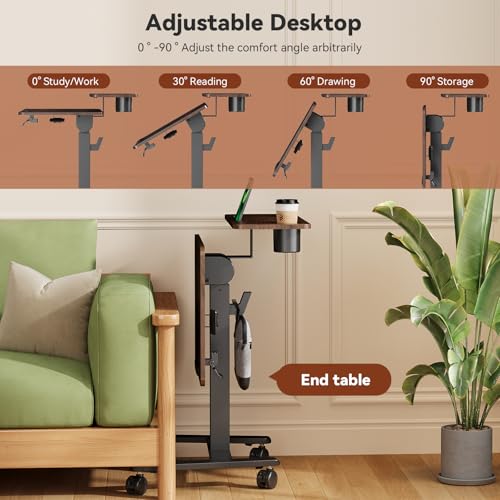 Liftsync 28 inch Mobile Standing Desk On Wheels, Small Computer Workstation Adjustable Height,Rolling Laptop Stand with Tiltable Desktop, 2-Tier Portable Study Table with Storage Shelf, Walnut Liftsync