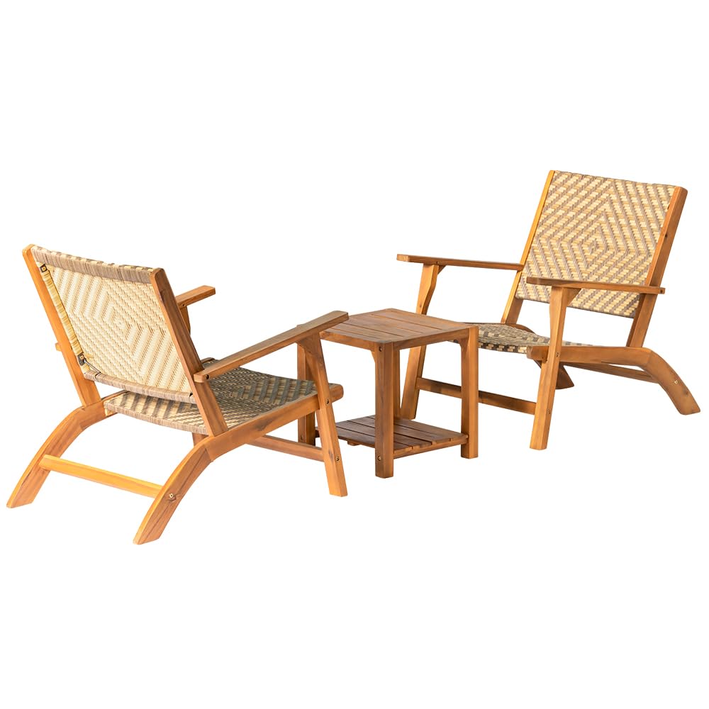 Panana 3 Pieces Patio Furniture Set Acacia Wood Side Table and PE Rattan Wicker Bistro Set Wooden Chairs for Outdoor, Deck, Porch, Poolside, Balcony Panana