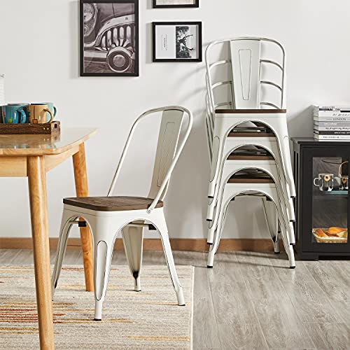 Yaheetech Set of 4 Metal Dining Chairs with Wood Seat Metal Side Chairs Kitchen Chairs with Back Bistro Café Trattoria Kitchen, Distressed White Yaheetech