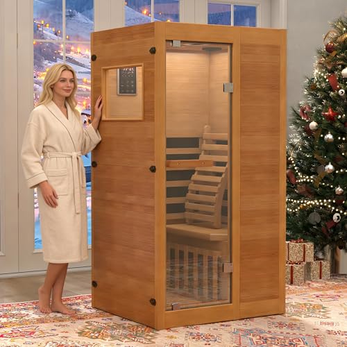HOMTHING Infrared Sauna,1 Person Red Light Sanua with for Home,950w/110v Full Spectrum Indoor Dry Sauna, Carbon, Heater Panels, Bluetooth Audio, 8-Color Chromotherapy Lights, 35.4"x 31.5"x 66.9" HOMTHING