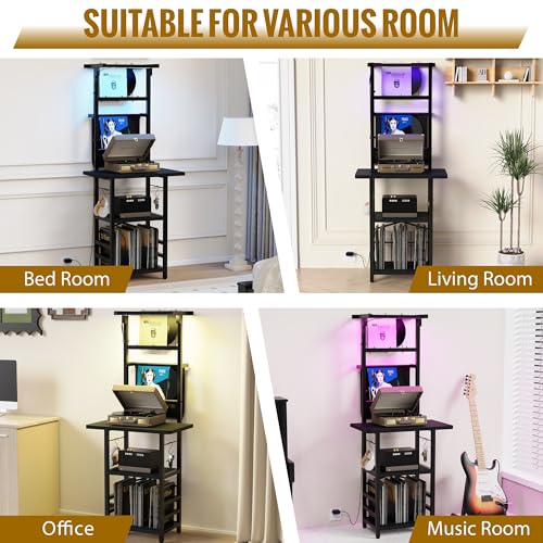 YAKANJ Record Player Stand with Led Light,Record Player Table with Vinyl Storage,Turntable Stand with Record Holder Vinyls Display Shelf for Music Room Studio,Black YAKANJ