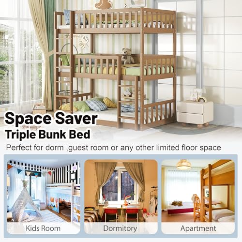 Triple Bunk Bed for Kids ,Wood 3-in-1 Twin Bunk Beds, Convertible to 3 Separate Beds, Solid Rubber Wood Construction, Safety Guardrails & Dual Ladders ,Space-Efficient Vertical Design,White Oak MoproBeti
