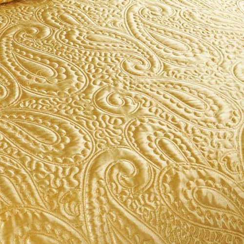 Home Soft Things King Size Quilted Satin Bedspread Set - 3-Piece Luxury Reversible Bed Cover, Silky Soft Shiny & Lightweight Quilt for All Seasons, Embroidered Paisley Design, 108x96 Inches, Gold Home Soft Things