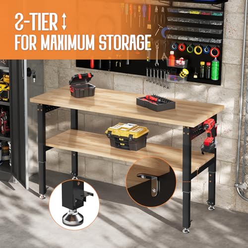 SPECRAFT 48"x20" 2-Tier Adjustable Workbench with 4 AC Outlet and 2 USB Ports Power Outlets, 2500 Lbs Capacity Heavy Duty Workbench, Rubber Wood Top for Garage, Workshop, Office SPECRAFT