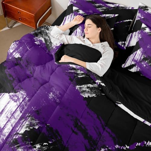 jejeloiu Abstract Art Comforter Set with Sheets Kids King Size 7 Pieces Modern Geometric Bedding Set for Boys Girls Teens White Black Purple Bed in a Bag Room Decor jejeloiu