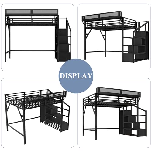 Harper & Bright Designs Queen Size Loft Bed with Stairs, Storage Shelves and Built-in Wardrobe, Metal Loft Bed Frame with USB Ports and LED Lights (Black Queen) Harper & Bright Designs