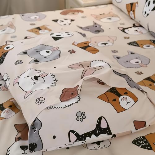 SDY 3PCS Dog Fitted Sheet, Doggy Print Pattern Bedding Sheet Full with Deep Pocket Fitted Sheet & 2 Pillowcases, Soft and Trendy, Kawaii Animals Cartoon Sheet for Boys, Girls and Teens, Full SDY