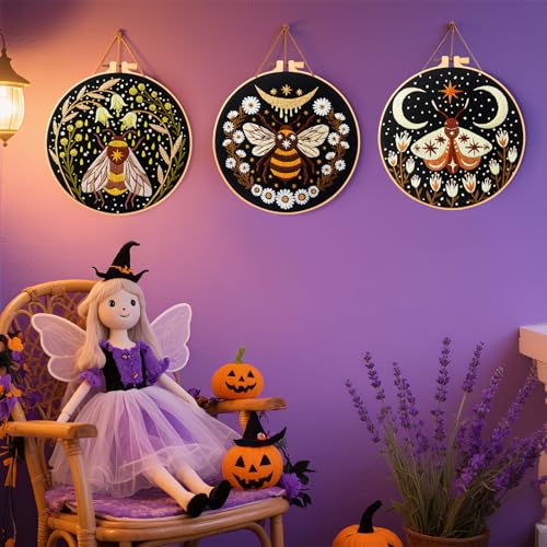 Hand Embroidery Starter Kits for Beginners Adults, Counted Stamped Cross Stitch Kit for Beginners Adults, Embroidery Needlepoint Kit with Moth Flower Pattern, 3 Hoops (Attached Teaching Video QR Code)