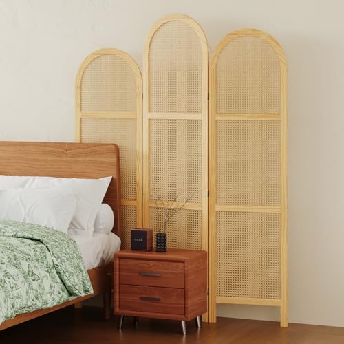 Svimi Folding Room Divider 3 Panels, 5.6 Ft Double Hinged Rattan and Pine Wood Privacy Screen, Freestanding Partition for Bedroom, Living Room, Home Office Decor (Natural-Wave, 3 Panels) Svimi