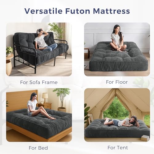 MAXYOYO 8" Futon Mattress, Ultra Thick Futons Sofa Couch Bed, Tufted Full Size Sleeper Sofa Bed for Adults, Shredded Foam Filling (Frame Not Included), Dark Grey MAXYOYO