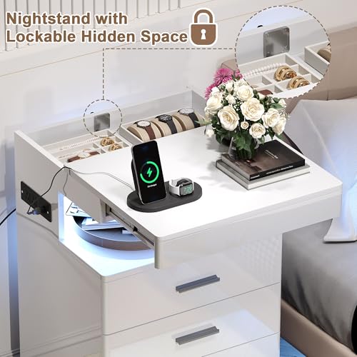 Treocho Led Nightstand with Hidden Space, Modern Night Stand with Charging Station, 3 Drawer Smart Nightstand with Glossy Finish, Tall Bedside Table with RGB Lights for Bedroom, White Treocho