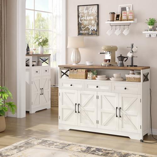 Befrases Farmhouse Sideboard Buffet Cabinet, Barn Doors Storage Cabinet with Drawers and Open Shelf, 47.2'' Wood Coffee Bar Microwave Station for Kitchen, Living Room, Hallway, White Befrases