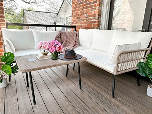 YITAHOME 4 Pieces Patio Furniture Set, Outdoor Rattan Woven Conversation Sectional L-Shaped Sofa with 5 Seater for Backyard, Porch, Boho Detachable Lounger with Cushions and Side Table - Beige YITAHOME