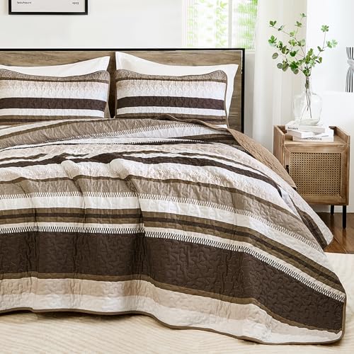 WONGS BEDDING Quilt Set Queen Size, Brown Striped Pattern Bedspread,Lightweight Summer Coverlet Bedding Set for Bed 96"x90" WONGS BEDDING