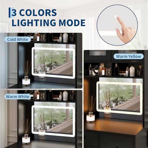 Garvee 3 in 1 Vanity Desk with LED Light, Tall Makeup Vanity Set with 2 AC Outlets & USB-c, Dressing Table with Drawers & Acrylic Doors, Nightstand Vanity Mirror, Jewelry Box, Cushioned Chair, Black Garvee