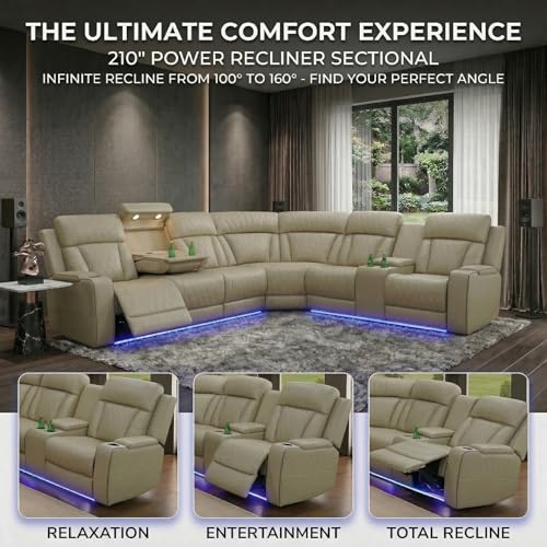 GzhAyyQ Power Reclining Sectional Sofa, Beige Breathing Leather Recliner Couch with LED Light, Cup Holders, Storage Console, Wireless Charging, USB & Type-C for Living Room Home Theater